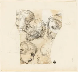 Schetsen van mannenkoppen (recto); twee oude vrouwen (verso)