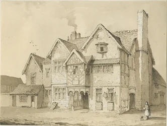 Stafford - [Oude Huizen in Crabbery Lane]: sepia en pen tekening