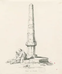 Tixall - Pilaar met afstandsaanduidingen: pen en inkt tekening