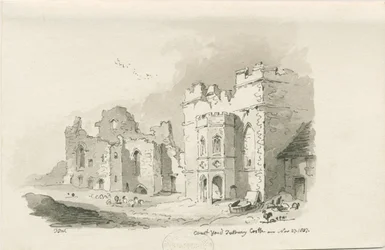 Tutbury Castle - Binnenplaats: pen en was tekening, 27 nov 1837