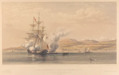 H.M.S. Highflyer, kapitein John Moore C.B. &c., voor anker bij Soukoum Kaleh-Abasia, Omar Pasha verlaat het schip, oktober 1855