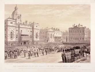 Uitreiking van de Krimmedaille door koningin Victoria aan kolonel Sir Thomas Trowbridge, 18 mei 1855
