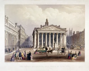 Royal Exchange en de Bank of England aan de linkerkant, Londen, 1851