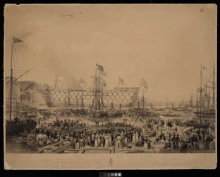 De lancering van de Trafalgar, in aanwezigheid van Hare Majesteit Koningin Victoria en Zijne Koninklijke Hoogheid Prins Albert, bij H.M. Dock Yard, Woolwich