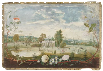 De kas bij Woodside House, Old Windsor, in een cartouche versierd met bloemen