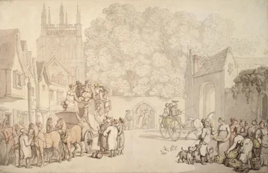 Een koets die zich voorbereidt om Canterbury Gate, Christ Church, Oxford te verlaten, ca. 1810-15