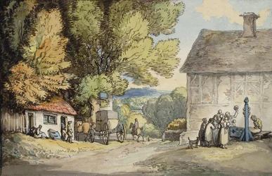 Een dorpsgroen: een koets gestopt onder een boom, met een man in de schandpaal en een groep toeschouwers