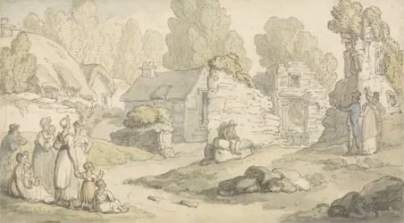 Een Dorpsscène met Figuren en Verwoeste Gebouwen