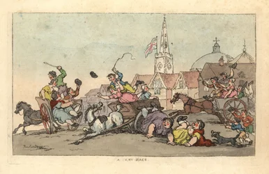Een wagenrace in een Engelse stad met een ongeluk op de voorgrond