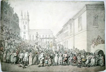 Een openbare executie in Newgate, Londen, eind 18e eeuw