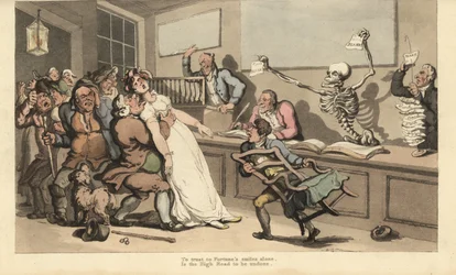 Een vrouw sterft van schrik bij het zien van een blanco stuk papier dat door het skelet van de Dood in een loterijkantoor wordt getoond. Handgekleurde kopergravure getekend en gegraveerd door Thomas Rowlandson uit The English Dance of Death, Ackermann, Lon