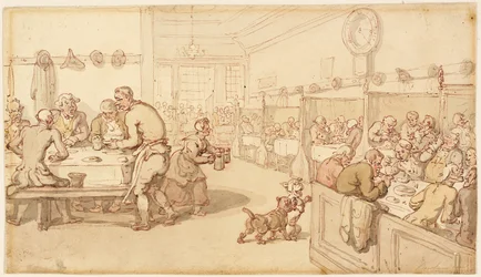 At an Old English Eating House (pen en rode inkt met penseel en aquarel over grafiet, op crèmekleurig velijnpapier)