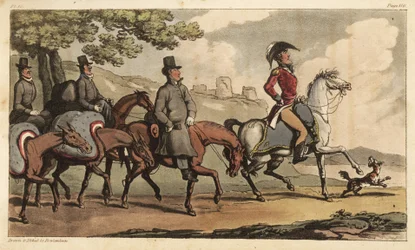 Kapitein Johnny Newcome en zijn bedienden met pakpaarden op weg naar Santarem, Portugal, om terug te keren naar de Peninsula Campaign. Handgekleurde kopergravure getekend en geëtst door Thomas Rowlandson uit Colonel David Roberts