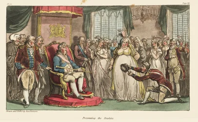 Kapitein Johnny Newcome presenteert de oorlogstrofeeën, de hoed van koning Joseph Bonaparte en de staf van maarschalk Jean-Baptiste Jourdan, aan de Prins Regent in Carlton House. Handgekleurde kopergravure getekend en geëtst door Thomas Rowlandson uit Kolo
