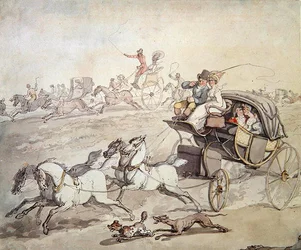 Koetsen en ruiters in volle vaart over open grasland, ca. 1800