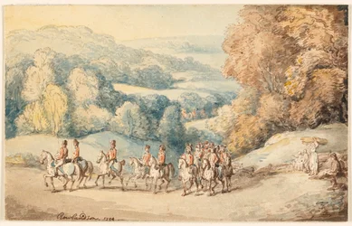 Cavalerie op mars (recto); Fragment van schets van paard (verso)