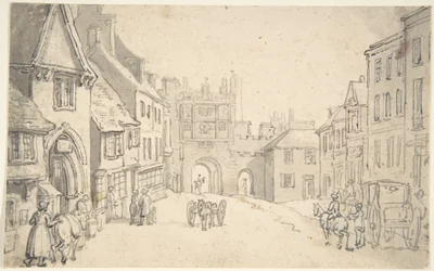 Stadsgezicht met middeleeuwse poort (misschien York)