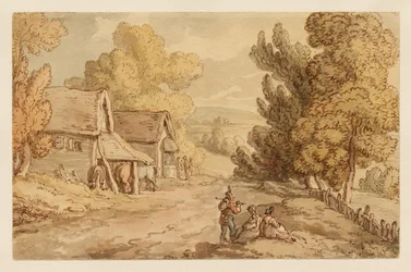 Huisje en schuur met rustende figuren langs een landweg