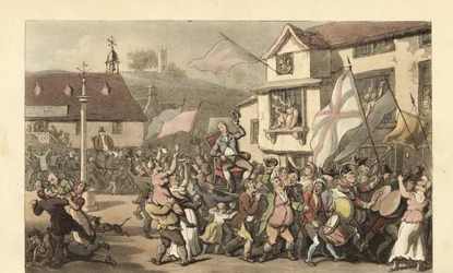 Engelse heer gedragen in een draagstoel voor een verkiezing