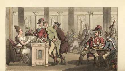 Engelse heer die flirt met de Fair Limonadiere in een café in Parijs