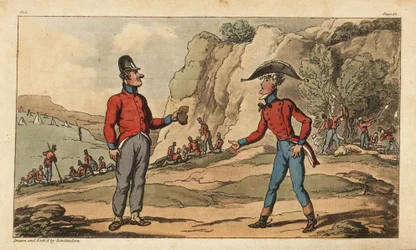 Vaandrig Johnny Newcome en zijn onderofficier op halve rantsoenen na de Slag bij Salamanca. Soldaten begraven de doden, terwijl anderen rusten bij hun kampement. Handgekleurde kopergravure getekend en geëtst door Thomas Rowlandson uit Colonel David Roberts