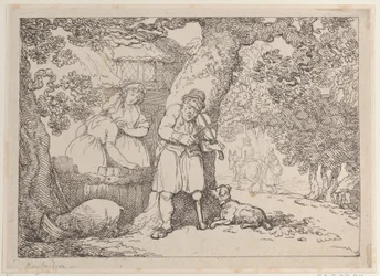 Violist, Zeeman, Twee Vrouwen en een Varken bij een Huisje, 1816