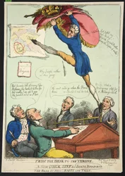 Van het bureau naar de troon. Een nieuwe Quick Step door Joseph Bonaparte. De bas door de heren Nappy en Talley, pub. 1808 (handgekleurde gravure)