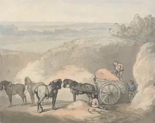 Paarden en een kar bij een zandgroeve