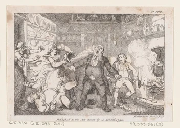 Hostess giet een pan bloed in het gezicht van dominee Andrews, uit The Adventures of..., 1792