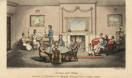 Johnny het hof makend aan Maria in een salon terwijl anderen kaarten spelen en liedjes zingen bij de haard