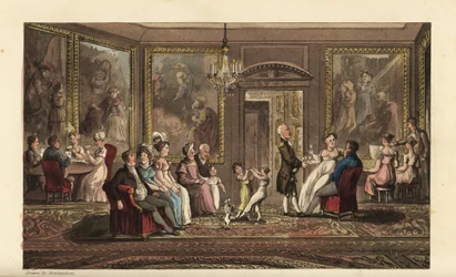 Johnny geeft een groot feest. Sociaal evenement in een groot herenhuis, met gasten die kaarten spelen, liedjes zingen, praten, dansen en socialiseren. Handgekleurde kopergravure door Thomas Rowlandson uit William Combe