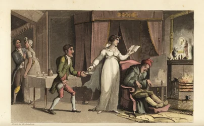 Johnny in dienst van de vrek John Squeeze en zijn voorzichtige nicht Amelia Squeeze. Johnny brengt een glas medicijn voor de stervende oude man. Handgekleurde kopergravure door Thomas Rowlandson uit William Combe