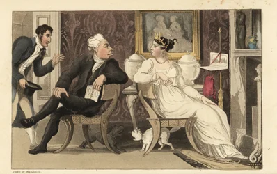 Johnny onderbreekt een ruzie tussen gasten op een feestje in een Regency-salon. Handgekleurde kopergravure door Thomas Rowlandson uit William Combe