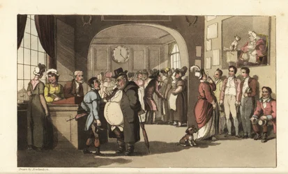 Johnny op zoek naar werk bij een registratiekantoor voor huispersoneel. Mannen en vrouwen met monocles onderzoeken portiers, dienstmeisjes en ander personeel. Handgekleurde kopergravure door Thomas Rowlandson uit William Combe