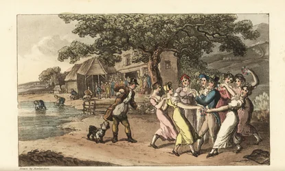 Johnny speelt zijn fluit op een schaapscheerdersfeest, omringd door dansende plattelandsmeisjes. Herders scheren schapen in een schuur en wassen ze in een vijver. Handgekleurde kopergravure door Thomas Rowlandson uit William Combe