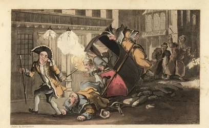Johnny uit een draagstoel gegooid wanneer de dragers over een stapel stenen op straat botsen. Nachtwakers met lantaarns en ratels arriveren. Handgekleurde kopergravure door Thomas Rowlandson uit William Combe