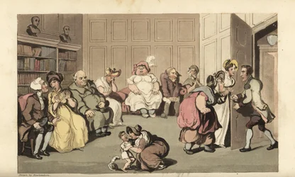 Johnny met andere patiënten in de wachtkamer van kwakzalver Anodyne. Handgekleurde kopergravure door Thomas Rowlandson uit William Combe