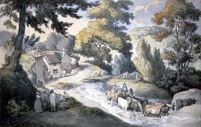 Landschap met vee dat een stroom doorwaadt