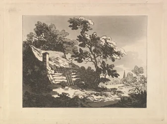 Landschap met Huisje tussen Bomen aan de Linkerkant, en een Verre Kerkspits aan de Rechterkant