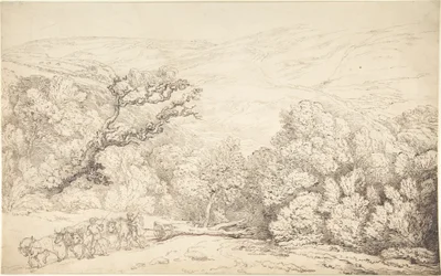 Landschap met ossen en een omgehakte boom