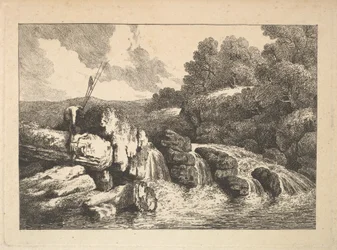 Landschap met twee vissers die rotsen beklimmen naast een waterval, 1784-88