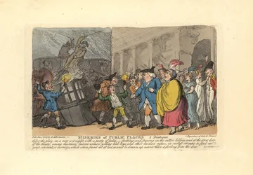 Man en dames zoeken naar een koets in een menigte in de regen