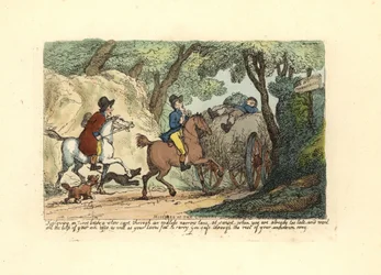 Man te paard achter een langzaam rijdende kar op een smalle laan