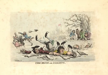 Mannen en vrouwen schaatsen op dun ijs en vallen in een bevroren rivier