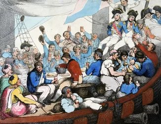 Napoleontische Oorlogen, Egyptische Veldtocht (1798-1801): Admiraal Horatio Nelson viert met zijn troepen zijn glorieuze overwinning in de Slag bij de Nijl (Slag bij Aboukir) (augustus 1798), aan boord van zijn schip