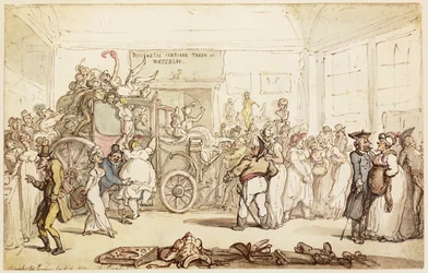 De koets van Napoleon bekeken door modieus Londen, uit "Een Historisch Verslag van de Campagne in de Nederlanden, in 1815", 1817