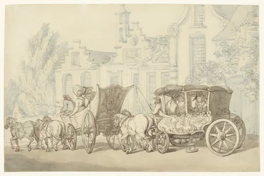 Open reiswagen en koets in een quasi-Hollandse straat