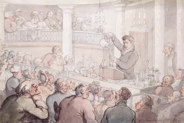 Professor F. Accum geeft een lezing aan het Surrey Institute, Londen, 1809