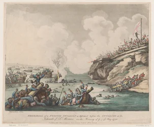 Repetitie van een Franse invasie uitgevoerd voor de invaliden op de eilanden van ..., 18 mei 1798