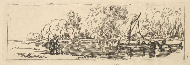 Scène aan een rivier of vijver: een zeilboot en een bijboot met figuren op de oever in de voorgrond